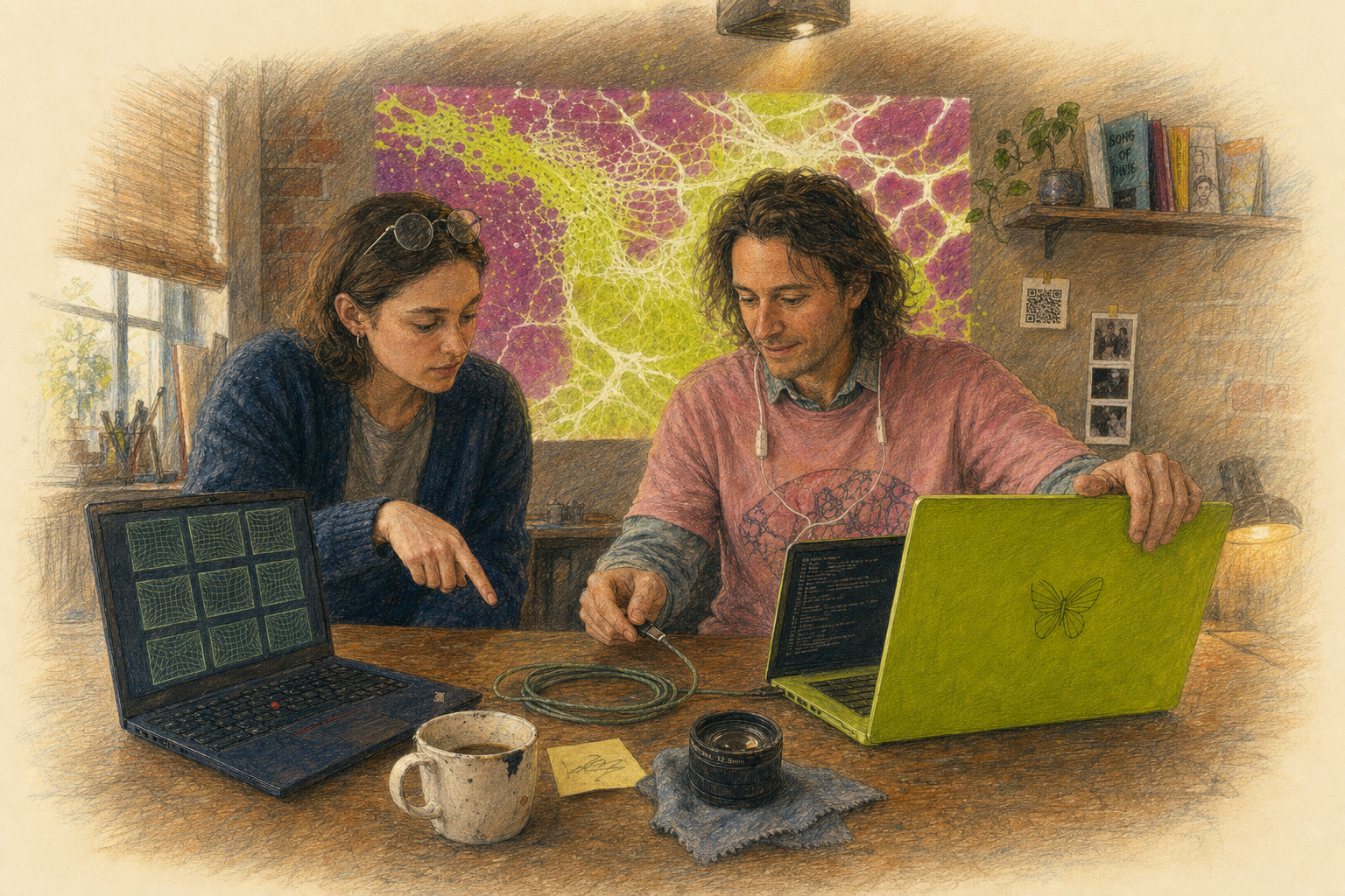 Hockney-register colored-pencil illustration on cream paper: a wide late-afternoon view inside a creative-computing studio at workbench level. Two figures at peer eye-level. On the left, a visiting artist in a deep-blue knitted cardigan and round wire-frame glasses leans toward the bench, finger pointing at a coiled USB-C cable; their navy ThinkPad sits open in front of them showing a warp-grid calibration test pattern. On the right, jeffrey in a warm-rust crewneck sweatshirt over a thin denim collar holds the other end of the cable, mid-explanation; his Citrus-green MacBook Neo with a hand-rendered whistlegraph butterfly in place of the apple emblem sits open between them, screen showing a faint scribble-gestalt terminal. Behind the bench, a back-wall projection of a GPU slime-mould simulation in chartreuse, bone-white, and deep magenta filaments — speculative biology, never recursive of the scene. A ceiling-track projector casts a warm dust-laden beam. Upper-right: a single GPU tower on a low shelf with a green status LED, a coil of HDMI/USB-C cables on a peg, a hand-labeled bin reading RACK 02, a whiteboard with quick projection-mapping warp-and-blend calibration triangles. Tall industrial window at the left dissolves to cream paper at the edge. All four corners dissolve to pure cream paper.