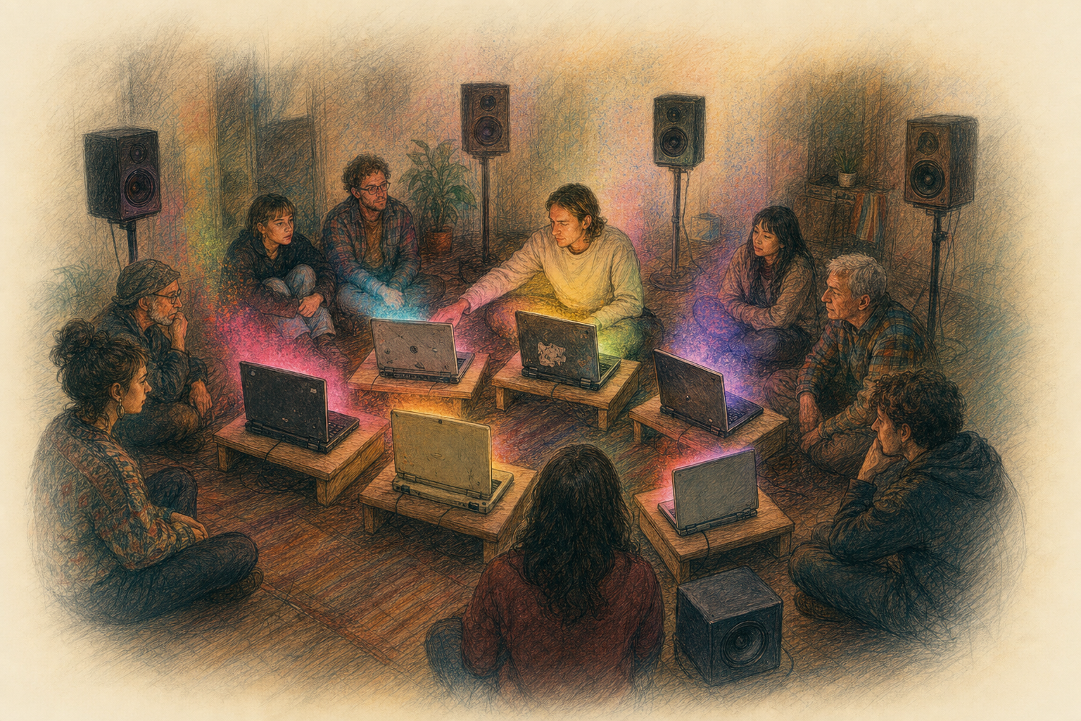 Colored-pencil and gouache illustration on cream paper: a dim sound-art showroom where six old, mismatched, salvaged laptops sit in a ring on low plywood tables, lids open and turned screens-away, a soft colored glow — pink, cyan, gold, green, purple — spilling from behind each lid. Six to eight people of varied ages sit low on the floor in a circle inside the ring, listening; loudspeakers on tall stands encircle the room. One performer, off-center and at the same eye-level as the audience, sits at one of the salvaged laptops. The colored glow washes up onto every face; the edges of the image dissolve into bare cream paper.