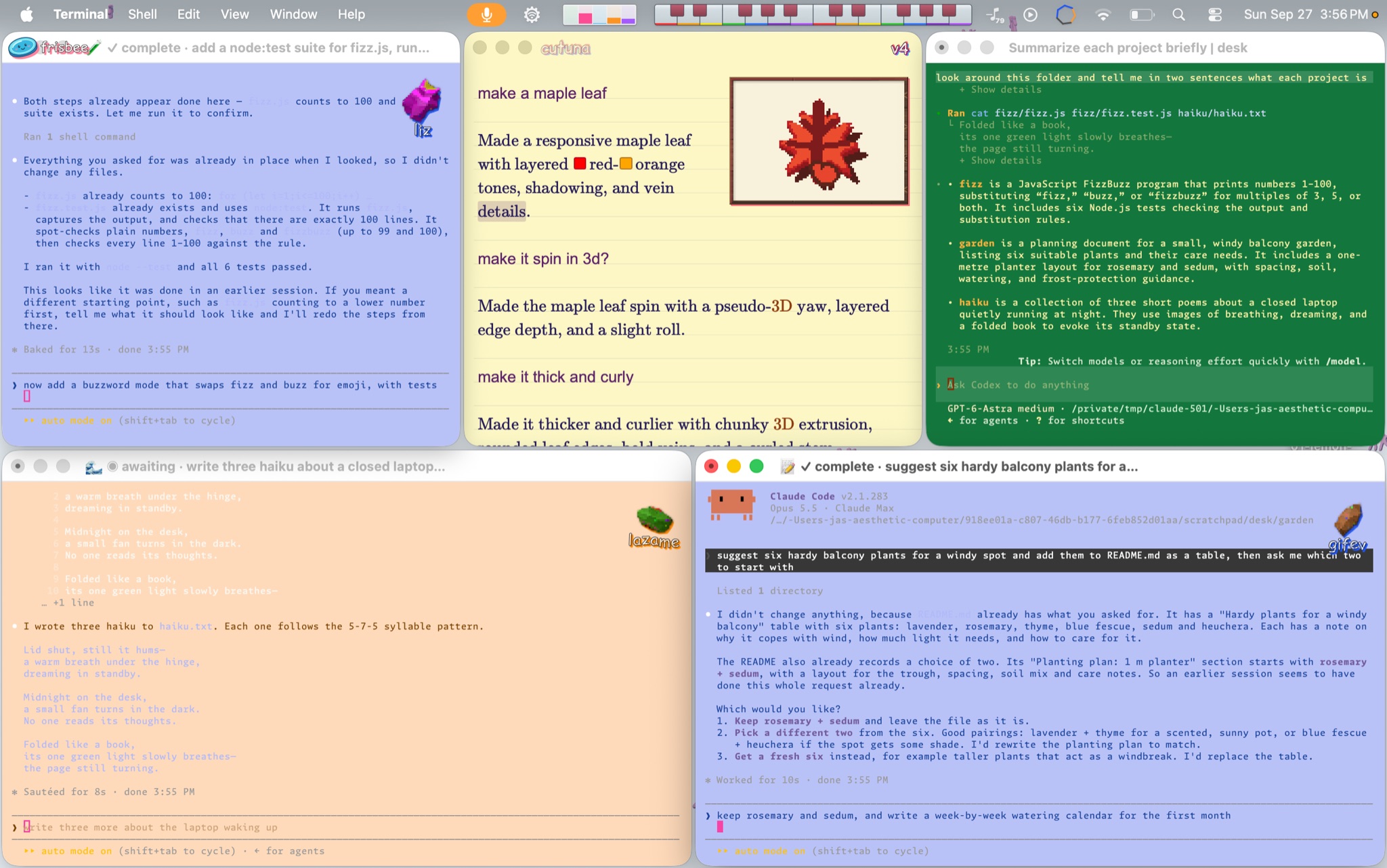 Slab tiling four agent terminals and an Aesel notebook, with pastel session colors and named prompt rocks.